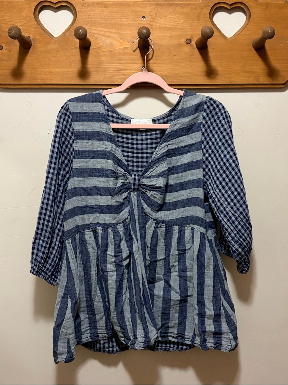 100% Cotton Weekend Suzanne Betro XL Blue Gingham Striped Babydoll Blouse